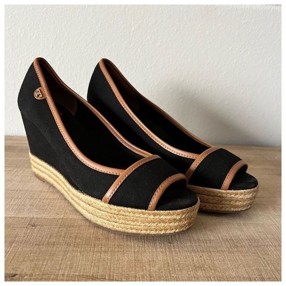 Tory Burch | Black Majorca Peep Toe Canvas Wedge | 9 - Picture 10 of 15